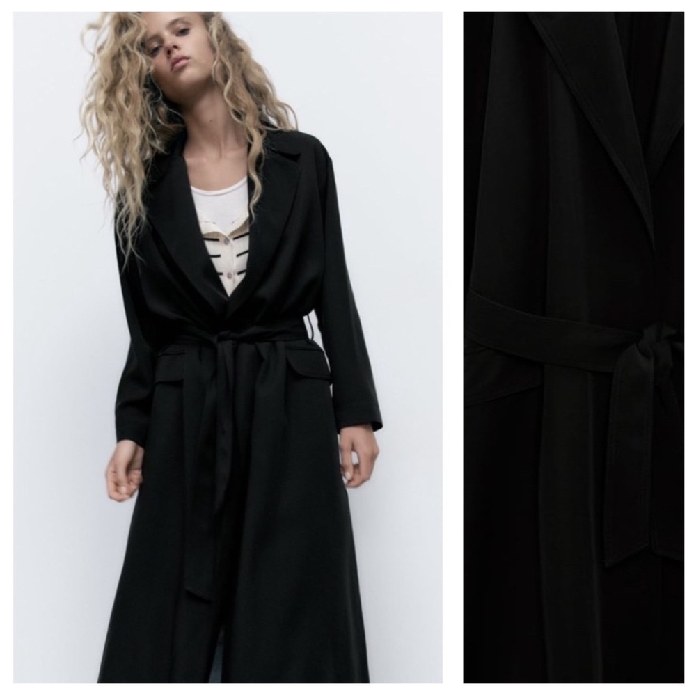 NWOT. Zara Black Fluid Belted Longline Topcoat. Size XS.